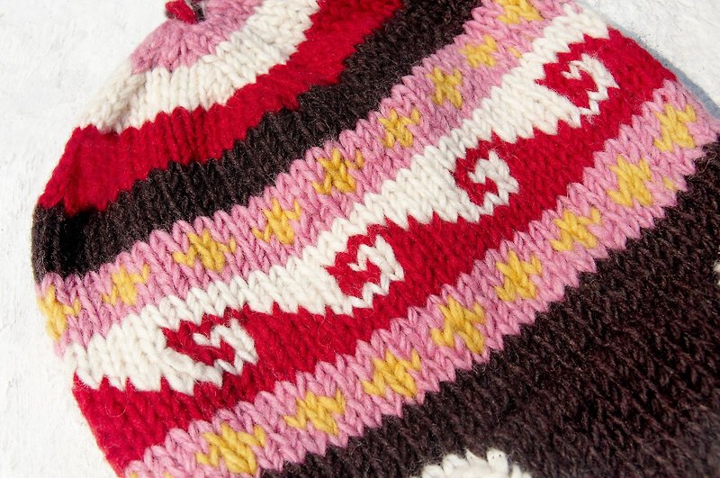 Christmas gifts handmade knitted pure wool hat / handmade bristles caps / knitting caps / flight caps / wool cap - pink wave national totem (a handmade limited edition) - Hats & Caps - Wool Multicolor