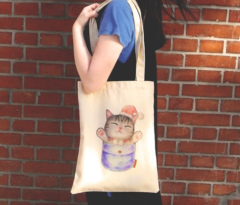 ChinChin 手繪貓咪帆布包 - 口袋暖暖貓 - 側背包/斜孭袋 - 棉．麻 