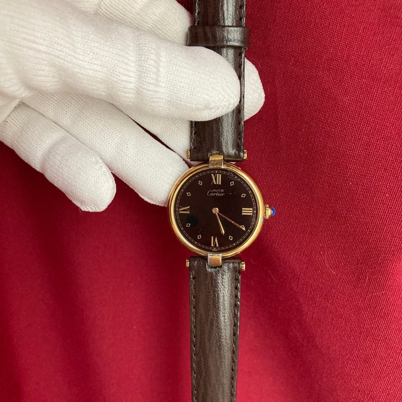 must de Cartier Tank Vermeil 925純銀 羅馬時標 藍石龍頭古董錶 - 男錶/中性錶 - 其他金屬 黑色