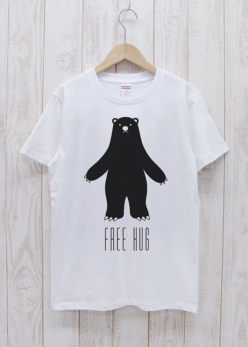 FREE HUG Black Bear White / R014-T-WH - เสื้อฮู้ด - ผ้าฝ้าย/ผ้าลินิน ขาว