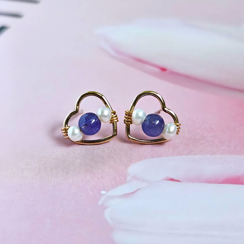 Pearl Sandwich Series Tanzanite Natural Pearl American 14k Gold Filled Earrings | Handmade to order - ต่างหู - คริสตัล 