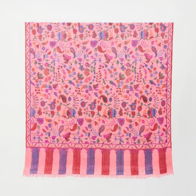 （現品限り）カシミール伝統の花柄模様 最高級手織りカニ織り ハンドウーブンカニ - マフラー・ストール - ウール ピンク