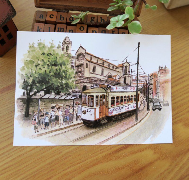 World style painting-retro tram postcard on the streets of Portugal - การ์ด/โปสการ์ด - กระดาษ สีกากี