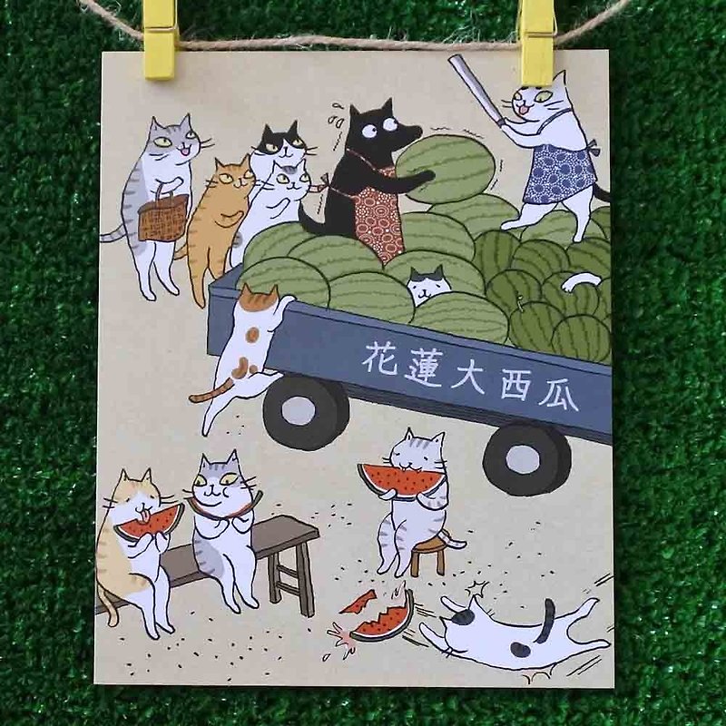 3貓小舖貓咪插畫明信片(畫家:貓小姐) – 夏天就要吃西瓜 - 心意卡/卡片 - 紙 