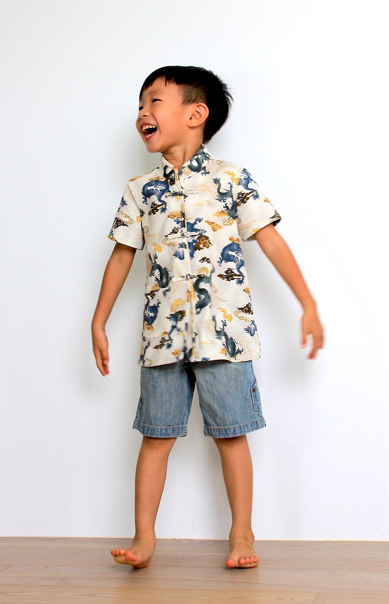 Boy's Top / White / Blue / Dragon / Taiwan Original Design / Tailor's Handmade Clothes - Baby Gift Sets - Cotton & Hemp Multicolor