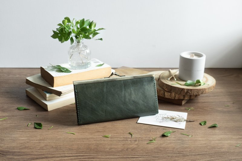 Dark green water drop gold long clip丨Italian hand-dyed vegetable tanned cowhide wallet丨Girlfriend gift - Wallets - Genuine Leather Green