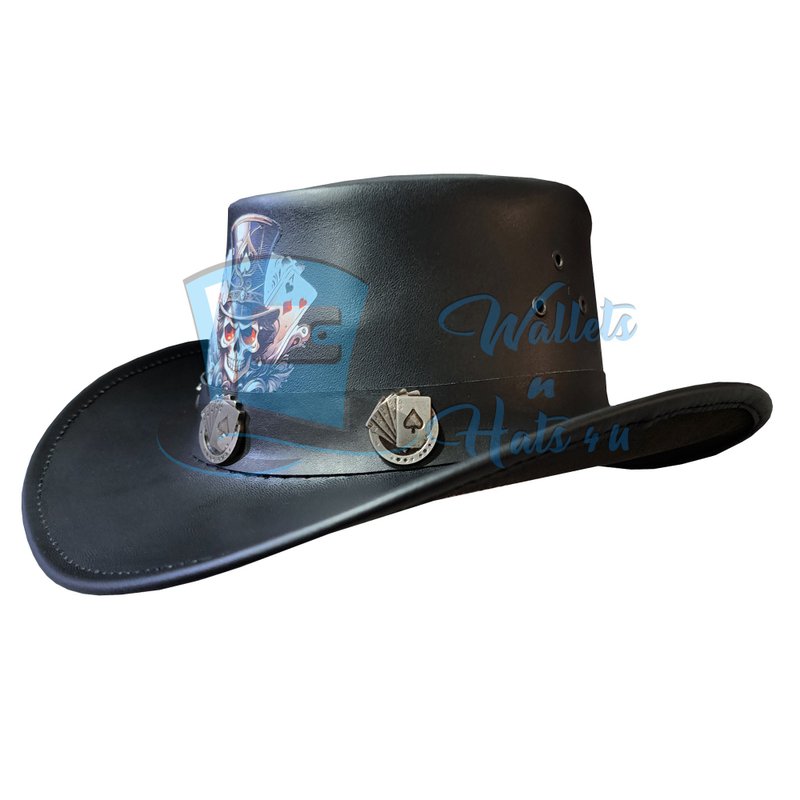 Western Black Leather Cowboy Hat with Laser Engraved Poker Skull Design - 帽子 - 真皮 黑色
