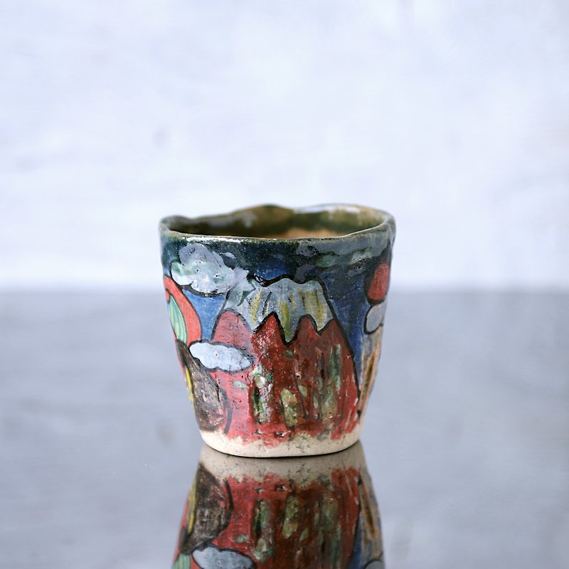 手捻り・赤富士と波模様のカップ - グラス・コップ - 陶器 レッド