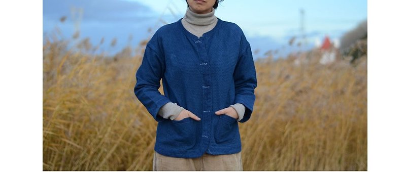 Indigo plant dyed thick Linen coat - เสื้อแจ็คเก็ต - ผ้าฝ้าย/ผ้าลินิน สีน้ำเงิน