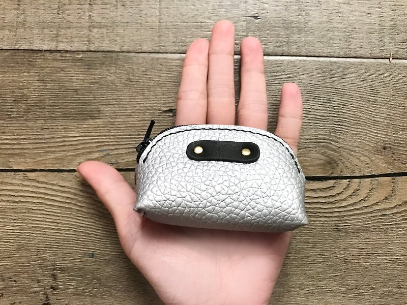 POPO│Flash Silver │ palm. Lightweight small coin purse │ real leather - Coin Purses - Genuine Leather Silver