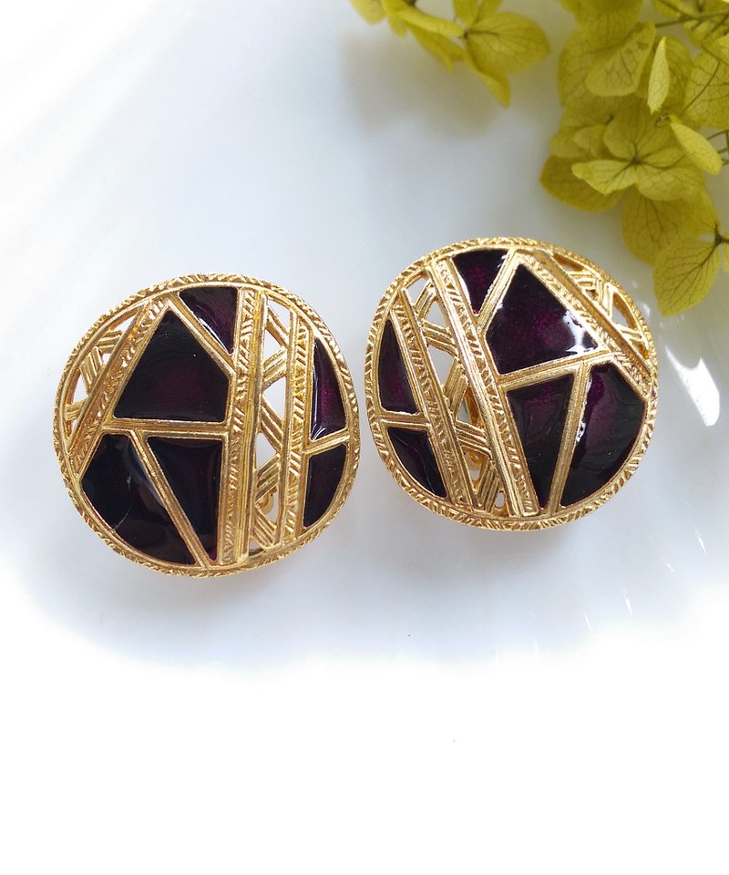 Vintage Jewelry 西洋古董飾品 BEREBI 幾何深紫琺瑯 夾式耳環 - Earrings & Clip-ons - Other Metals Purple