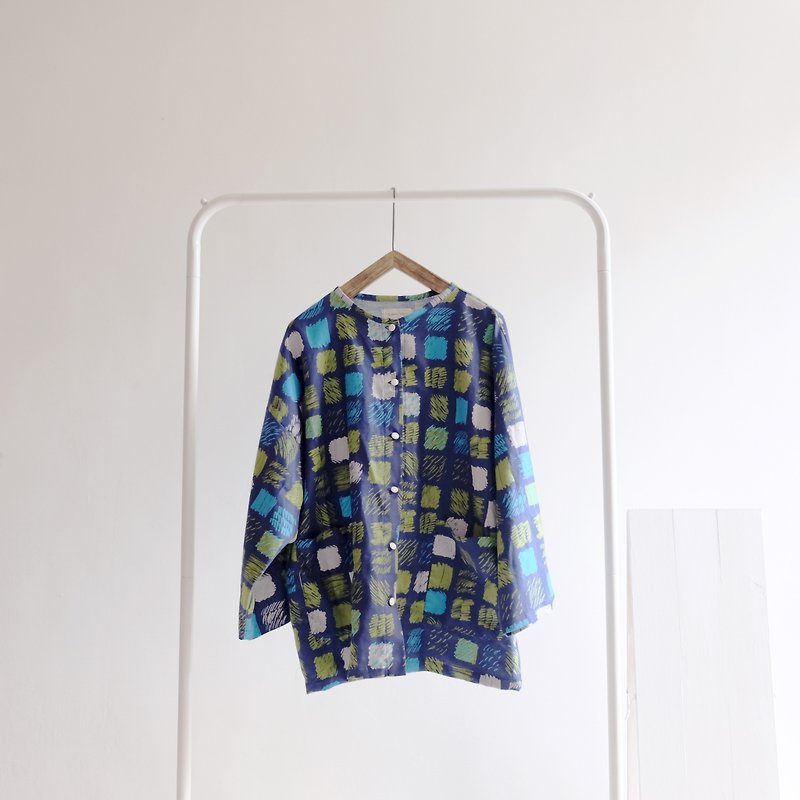 Muffin Plaid Japanese Wide Short Sleeve Shirt - Women's Tops - Cotton & Hemp Blue