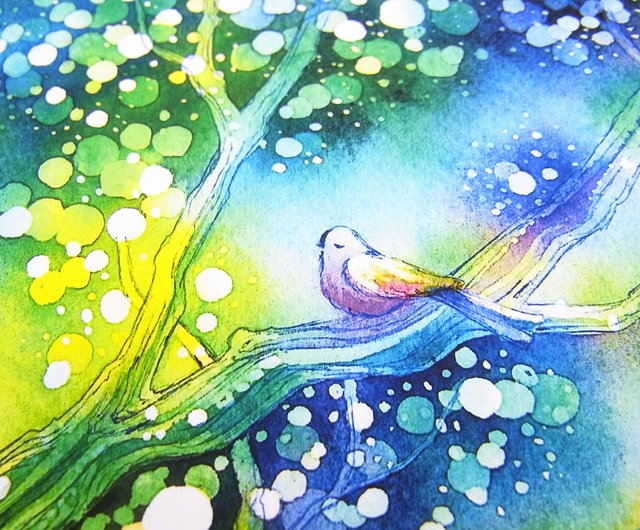 ねむりにつく頃】水彩画 物語インテリア アートプリント 絵本 小鳥 星