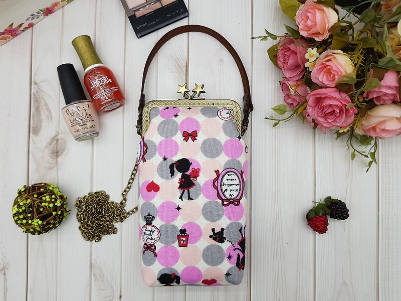 Cute girl gold bag mobile phone bag-pink cross bag handbag cosmetic bag mother's day - Messenger Bags & Sling Bags - Cotton & Hemp Pink