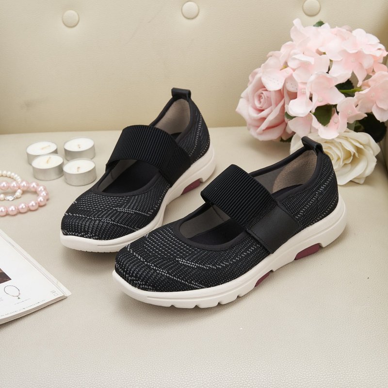 Lightweight Fly Knitting Memory Pad Instep Strap Casual Shoes Black - รองเท้าลำลองผู้หญิง - เส้นใยสังเคราะห์ สีดำ