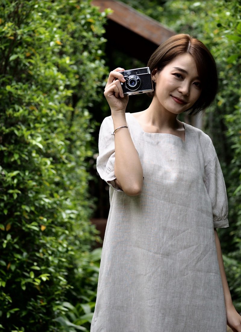 Primrose  Dress : Breathable  Linen Dresses Short Sleeves - 洋裝/連身裙 - 棉．麻 卡其色