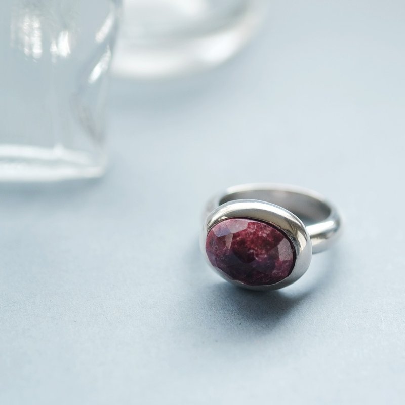 Rhodonite Natural Stone Ring Silver 925 - แหวนทั่วไป - โลหะ สีแดง