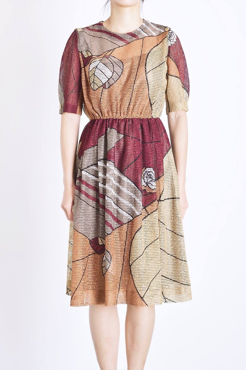 Vintage dress 大地配色葉子 日本古著洋裝 - 洋裝/連身裙 - 聚酯纖維 咖啡色