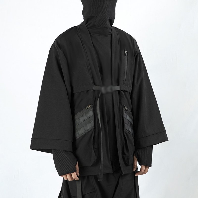 Functional ninja robe long-sleeved loose jacket cyber dark wind jacket casual kimono - เสื้อโค้ทผู้ชาย - เส้นใยสังเคราะห์ สีดำ