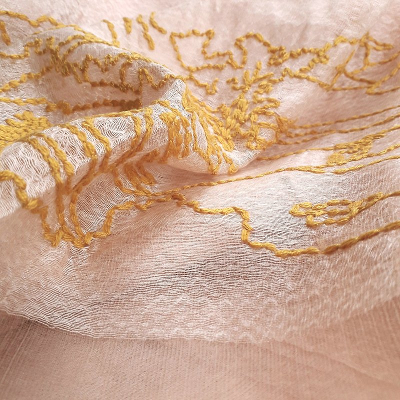 Line art embroidery silk wool herringbone sheer scarf - ผ้าพันคอถัก - ผ้าไหม หลากหลายสี