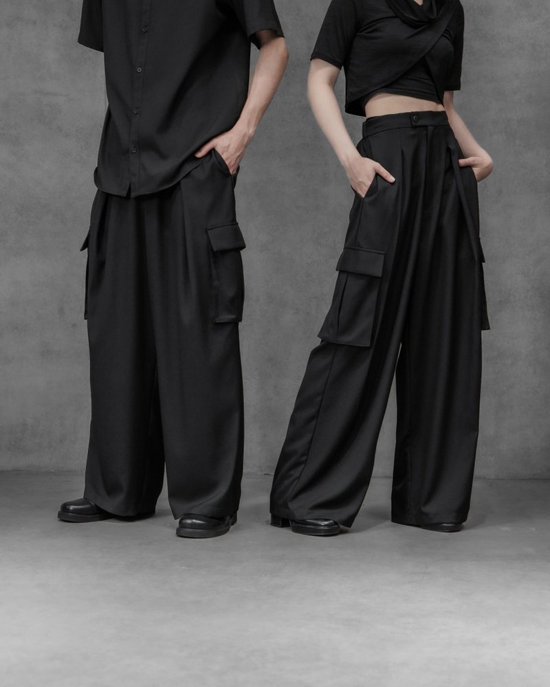 MUKK DESIGN Pocket floor-length wide pants - กางเกง - เส้นใยสังเคราะห์ สีดำ