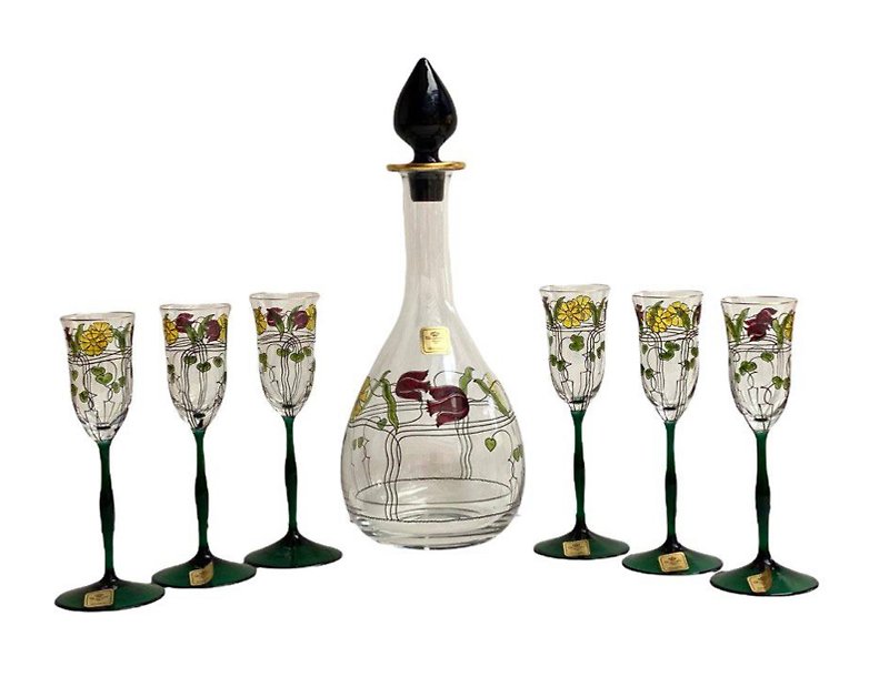 Set of Crystal Decanter and Glasses | Theresienthal Bavaria Meisterglässer - Bar Glasses & Drinkware - Crystal Green