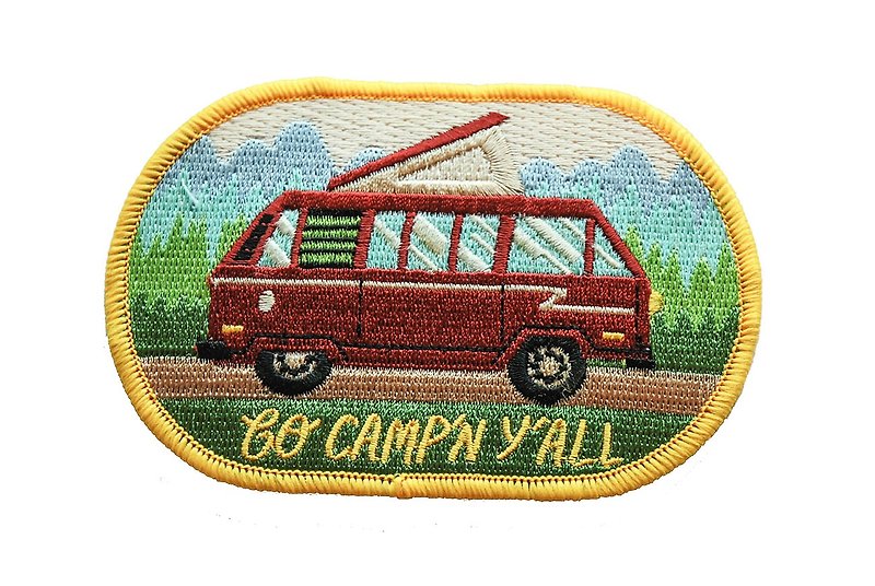 Forest & Waves Embroidery/Camping Vehicle - เข็มกลัด/พิน - ผ้าฝ้าย/ผ้าลินิน 