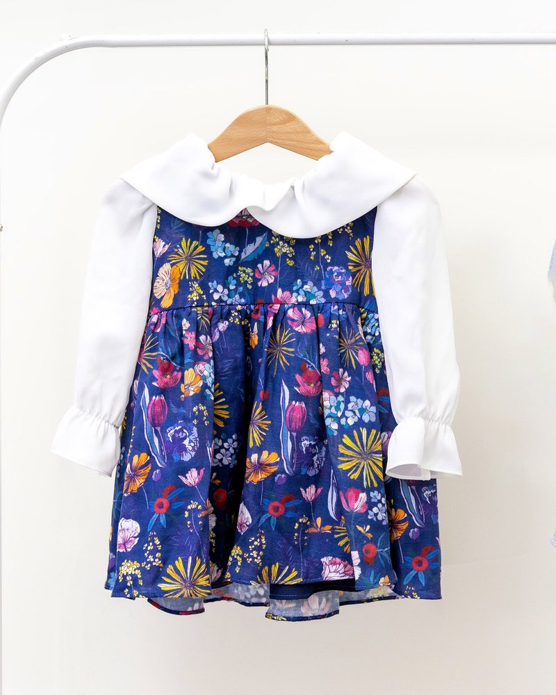 【KID SIZE 80-130】雲朵領片 鬱金香兒童小洋裝 親子裝 琉璃紺 - 女童洋裝/裙子 - 棉．麻 藍色