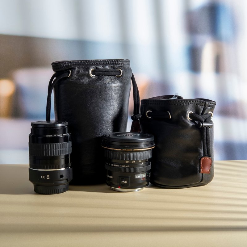 Genuine Leather Camera Lens Pouch - Camera Bags & Camera Cases - Genuine Leather Black