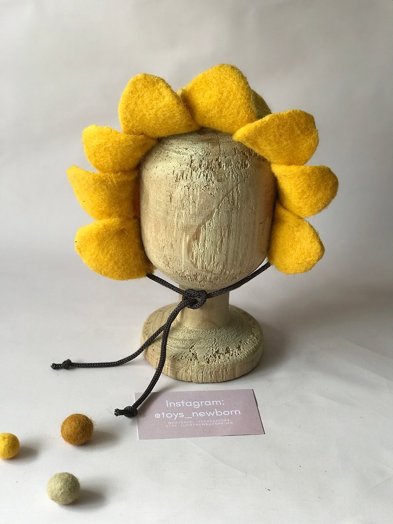 hat flower, newborn props - 嬰兒帽/髮帶 - 羊毛 黃色
