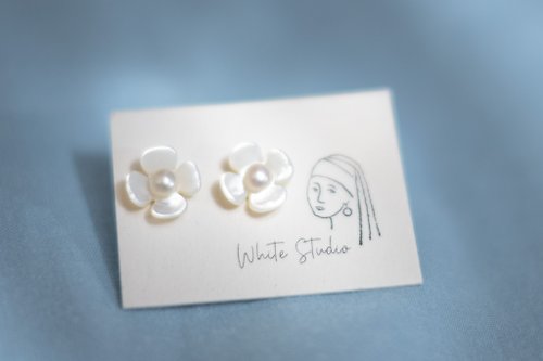White Studio 天然珍珠飾物 【月下見】天然淡水珍珠 天然貝殼貝母 全925純銀耳環/耳