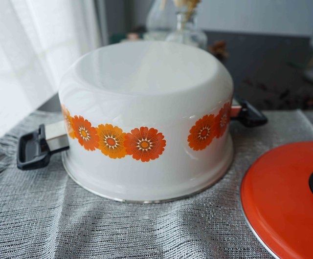 Small Vintage 1970s Orange with White Flower Pattern Enamelware