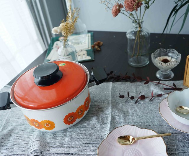 Small Vintage 1970s Orange with White Flower Pattern Enamelware