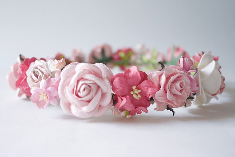 Paper Flower, Crown, Headband, Wedding, pink, soft pink, pink, pink brush white and coral Color. - เครื่องประดับผม - กระดาษ สึชมพู