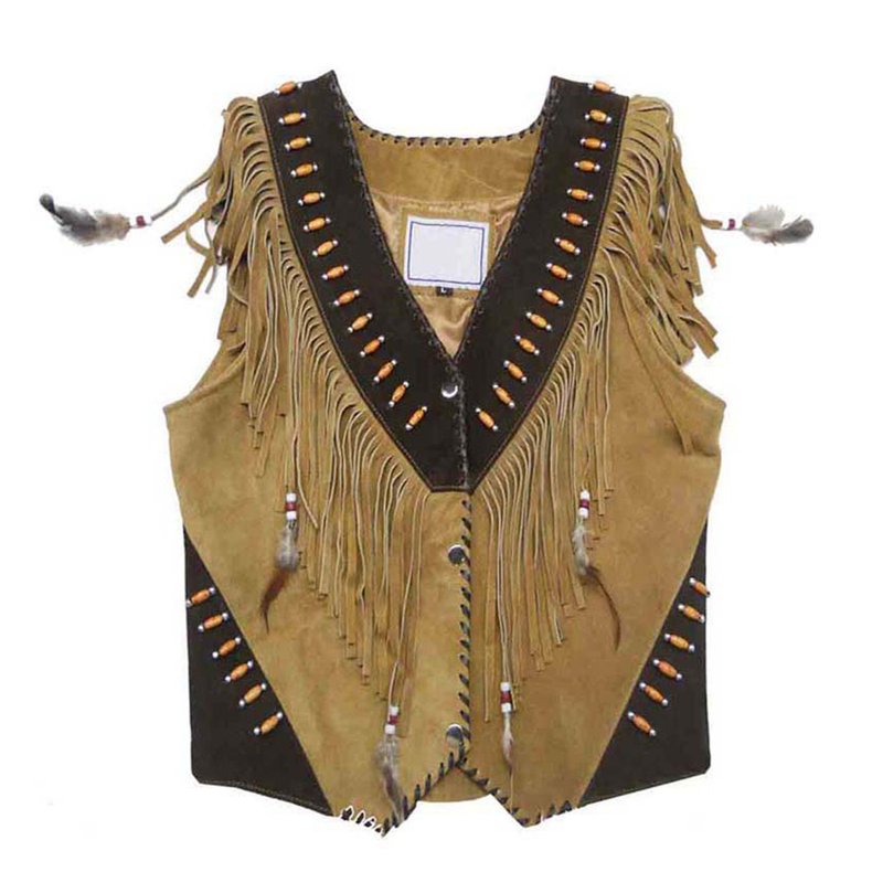Western Beaded Fringed Leather Vest - 背心/無袖上衣 - 真皮 咖啡色