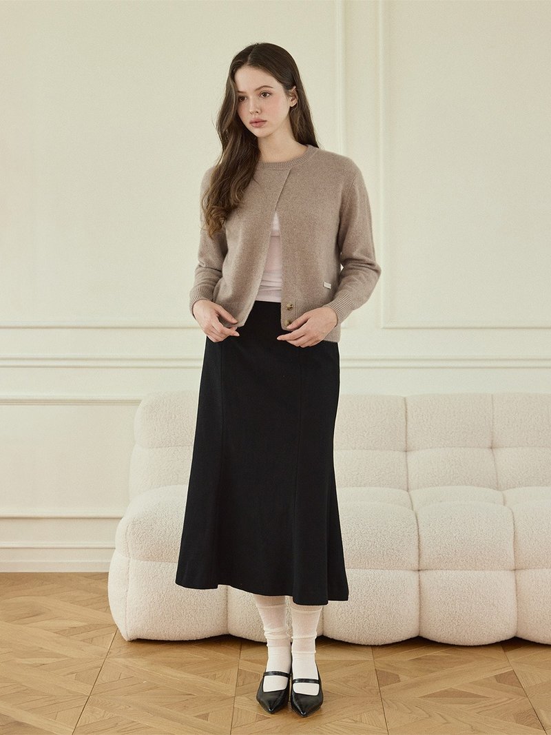 カシミヤ100% スリットボタン クルーネック カーディガン - ベージュ - ニット・セーター - サステナブル素材 カーキ