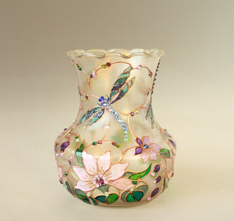 Glass Vase Dragonfly Water Lily and Wildflowers Swarovski Crystals, Hand-painted - 擺飾/家飾品 - 玻璃 多色