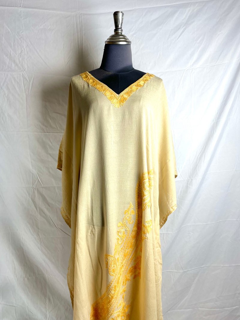 印度喀什米爾 手工刺繡 Kaftan 卡弗坦 蝴蝶洋裝 - 鵝黃 - 洋裝/連身裙 - 棉．麻 黃色