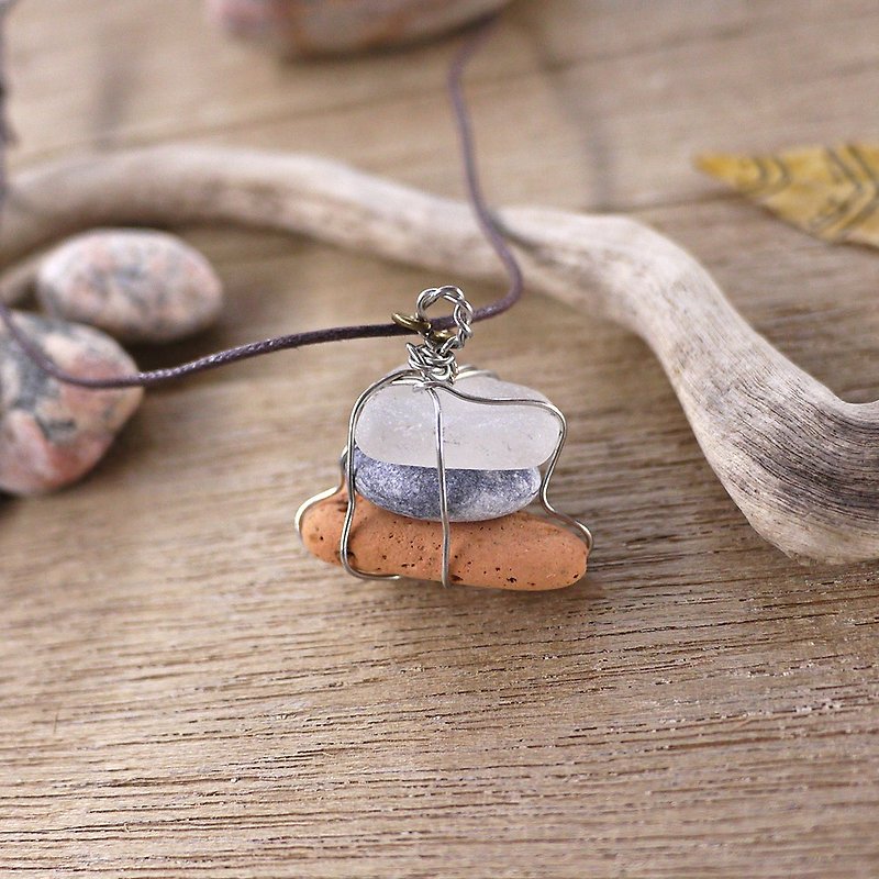 UPCYCLING Eco natural stone, sea glass, necklace- transparent, grey, orange - สร้อยติดคอ - หิน สีส้ม