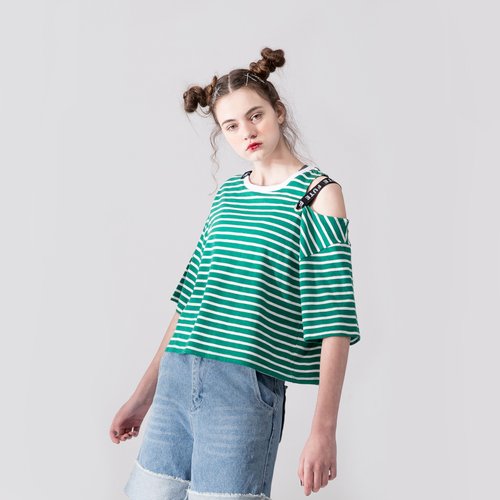 WOMENS OFF SHOULDER ROUND NECK T SHIRT / Green / White