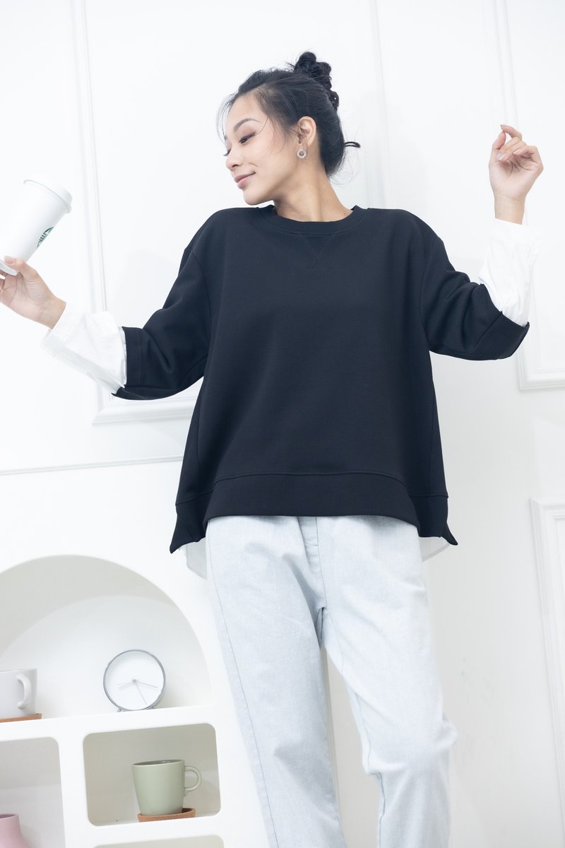 前短後長異材質拼接上衣 黑色 - 女上衣/長袖上衣 - 其他材質 黑色