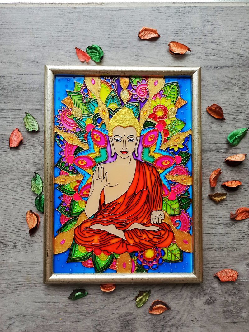 佛原画在玻璃冥想佛教墙艺术精神礼物 - 壁貼/牆壁裝飾 - 玻璃 多色