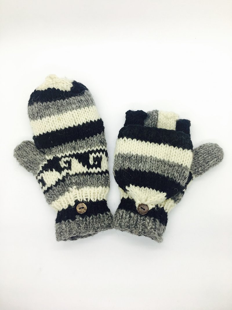 ネパールウール100％の純粋なウールの手編み厚い手袋 - ブラックホワイトX Xグレー波パターンスタイル - 手袋 - ウール 透明