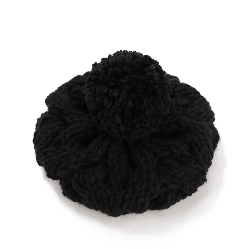粗針麻花可拆毛球針織毛線貝蕾帽-黑 - 帽子 - 羊毛 黑色