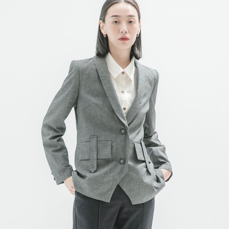 Days_往日復古西裝外套_9AF307_灰 - 女西裝外套 - 棉．麻 灰色