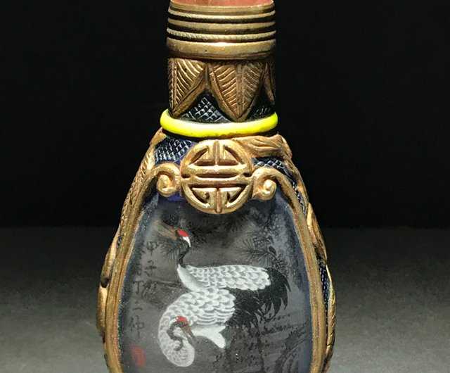 snuff bottle 鼻煙壺丁二仲雙鶴內畫鼻煙壺琉璃內繪老鼻煙壺- 設計館山