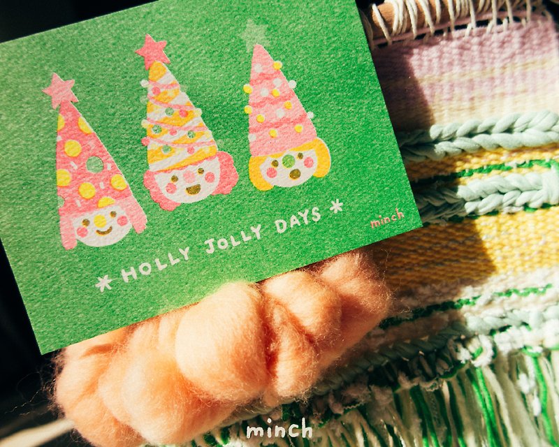 クリスマスツリーエルフセリグラフィーポストカード - カード・はがき - 紙 グリーン