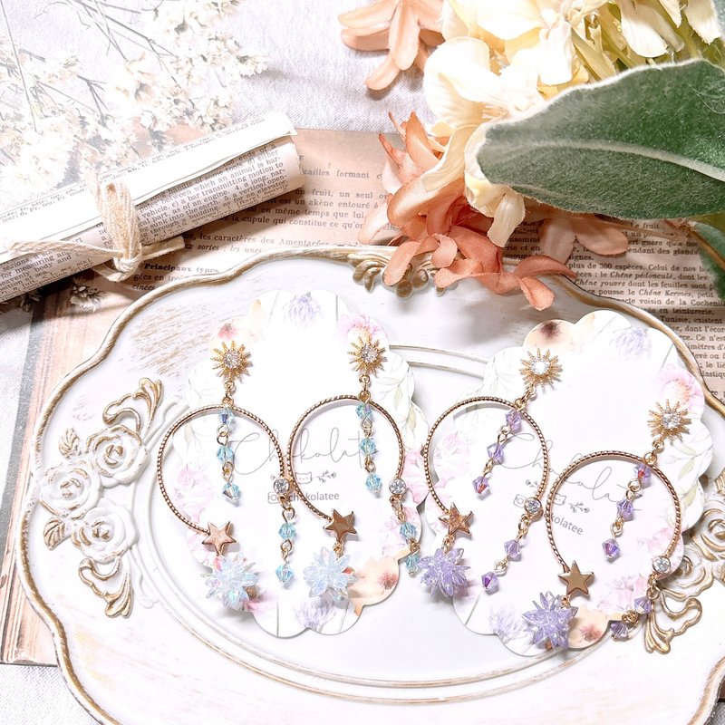 Swarovski x Stone snowflake earrings 925/14KGF earrings - ต่างหู - แก้ว สีน้ำเงิน