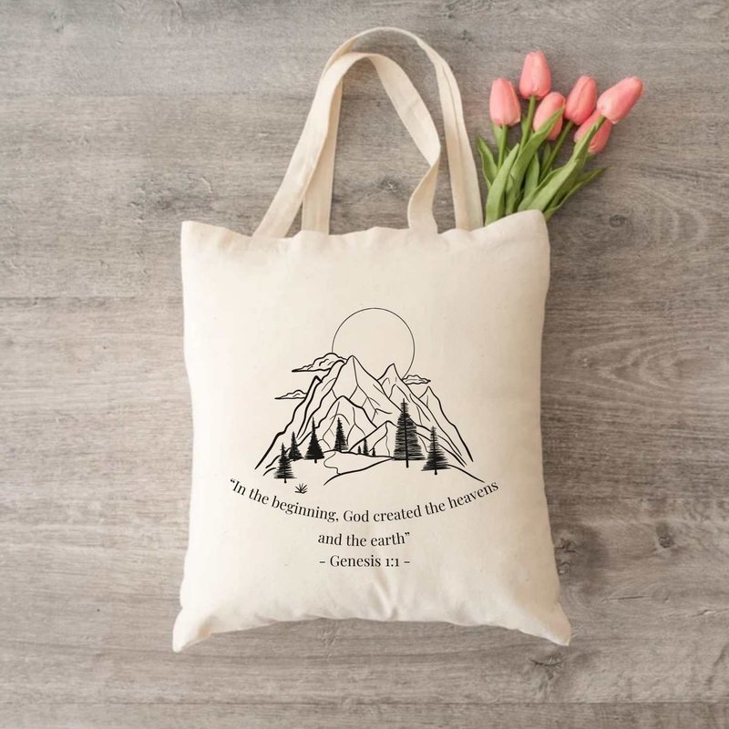 God Created the Heaven and Earth Genesis 1:1 Genesis1:1 Bible Verses Canvas Bag - กระเป๋าถือ - ผ้าฝ้าย/ผ้าลินิน ขาว