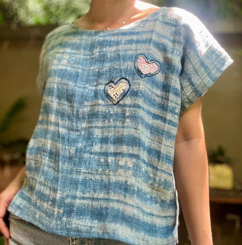 Heart Hemp Shirt - 手工刺繡心麻襯衫 - 女上衣/長袖上衣 - 棉．麻 藍色